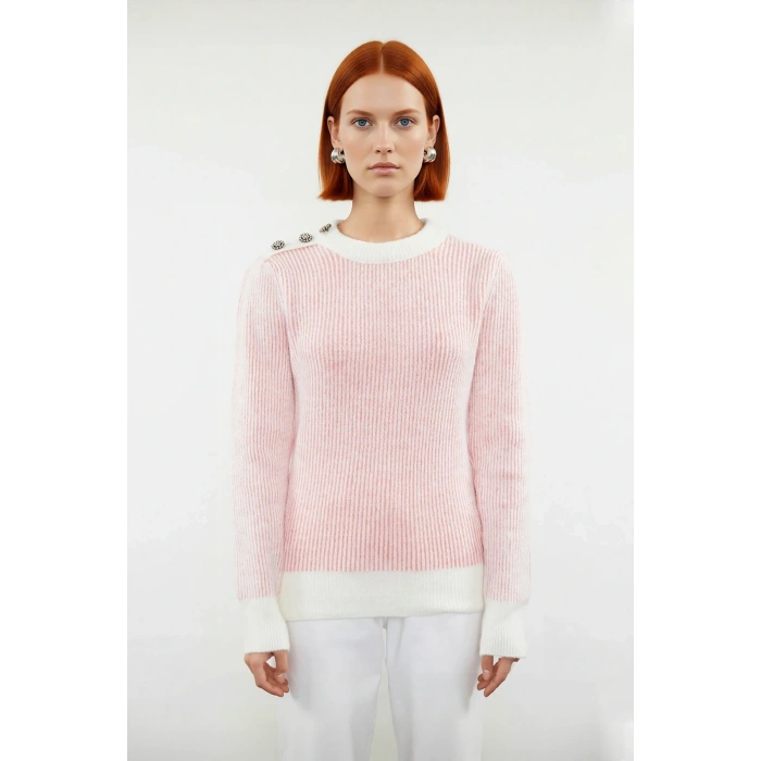 Kadın Mavi Beyaz Çizgili Selanik Dokulu Düğmeli Triko Kazak Kış Sonbahar İçin Basic Ve Konforlu