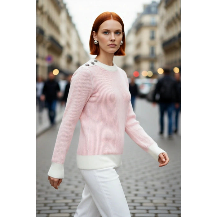 Kadın Mavi Beyaz Çizgili Selanik Dokulu Düğmeli Triko Kazak Kış Sonbahar İçin Basic Ve Konforlu