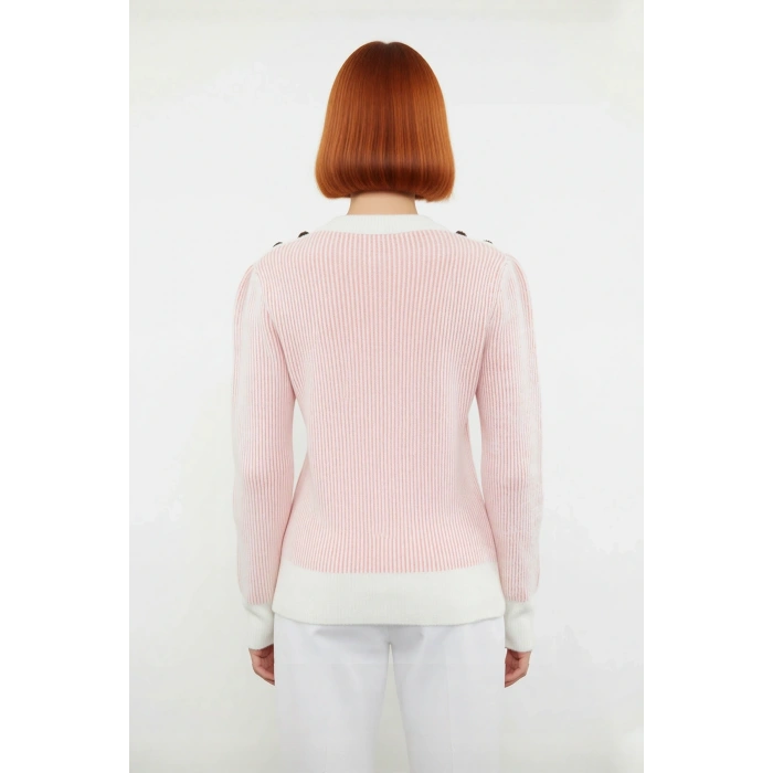 Kadın Mavi Beyaz Çizgili Selanik Dokulu Düğmeli Triko Kazak Kış Sonbahar İçin Basic Ve Konforlu