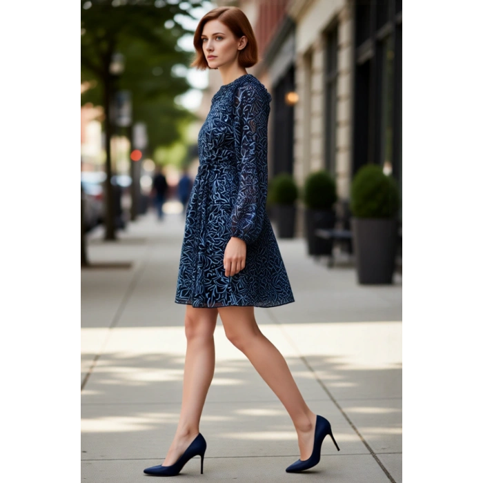 Kadın Mavi Çiçek Desenli Fırfırlı Şifon Astarlı Mini Elbise ile Şık Skater Siluet Kaliteli