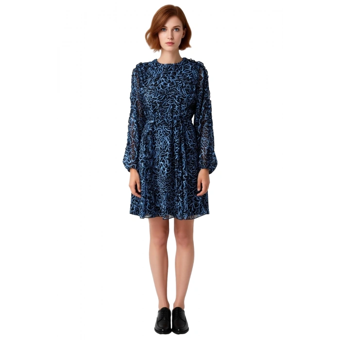 Kadın Mavi Çiçek Desenli Fırfırlı Şifon Astarlı Mini Elbise ile Şık Skater Siluet Kaliteli