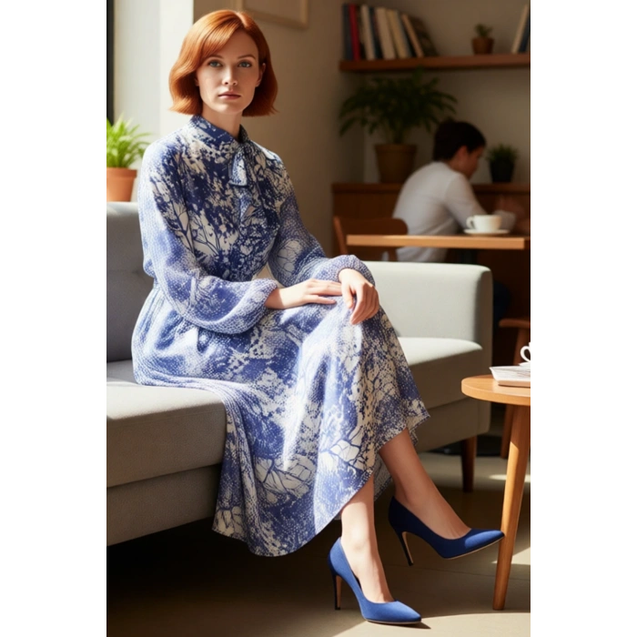 Kadın Mavi Çiçek Desenli Şifon Astarlı A Kesim Uzun Abiye Elbise Balon Kol Dik Yaka Kaliteli