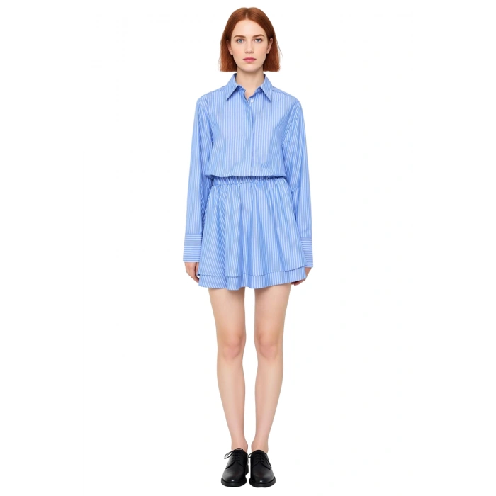 Kadın Mavi Çizgili Gömlek Yaka Düşük Kol Poplin Mini Elbise Bel Lastik Detaylı Günlük Şıklık