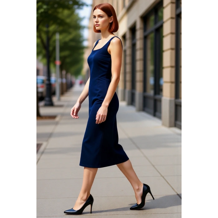 Kadın Mavi Kolsuz Denim Elbise Bodycon Kalıp Kare Yaka Midi Boy İlkbahar Sonbahar Şıklığı Kaliteli