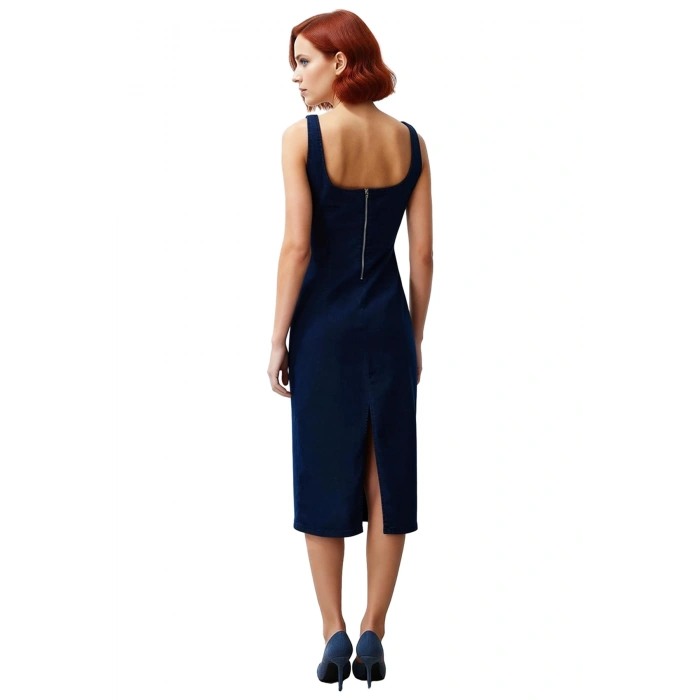Kadın Mavi Kolsuz Denim Elbise Bodycon Kalıp Kare Yaka Midi Boy İlkbahar Sonbahar Şıklığı Kaliteli