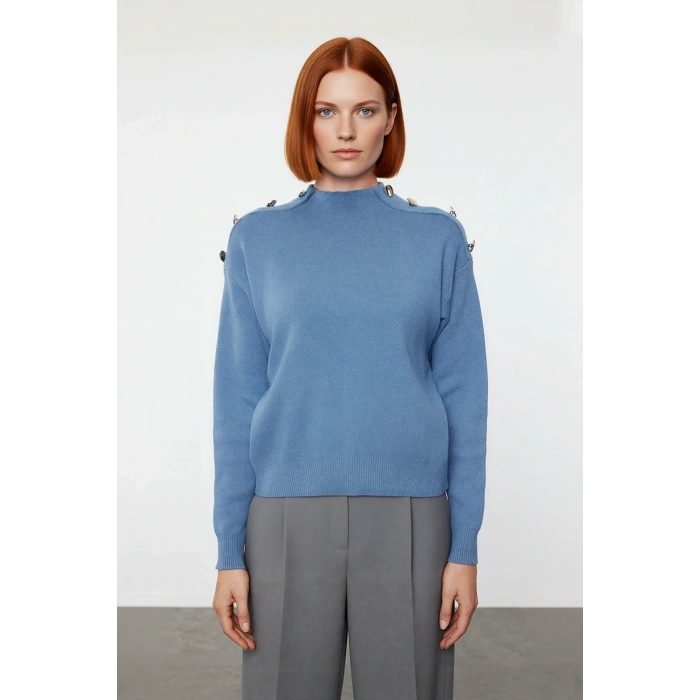 Kadın Mavi Regular Kesim Düğmeli Triko Kazak Uzun Kollu Soğuk Günler İçin İdeal Seçim Kaliteli