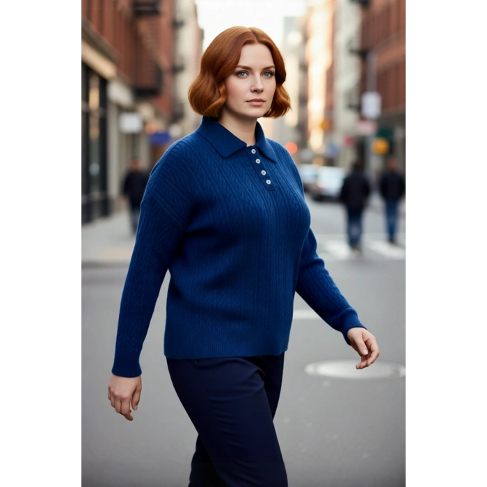 Kadın Mavi Uzun Kol Saç Örgü Dokulu Polo Yaka Triko Kazak Günlük Şıklık ve Konfor Sunar Kaliteli