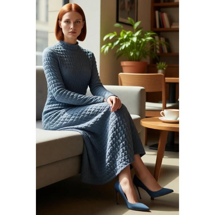 Kadın Maxi A line Kesim Uzun Kollu Dik Yaka Gofre Örme Astarlı Şık ve Rahat Kışlık Elbise Kaliteli