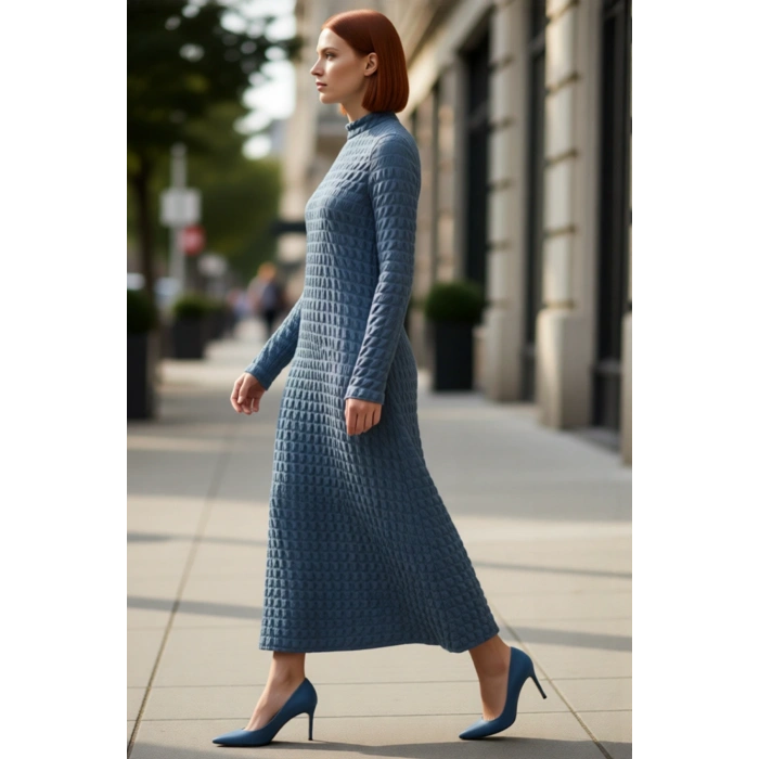 Kadın Maxi A line Kesim Uzun Kollu Dik Yaka Gofre Örme Astarlı Şık ve Rahat Kışlık Elbise Kaliteli