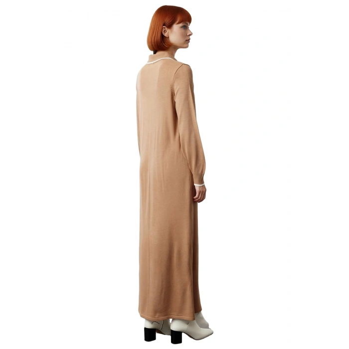 Kadın Maxi A Line Triko Elbise Polo Yaka Düşük Kol Detaylı Biyeli Kışlık Rahatlık Ve Şıklık