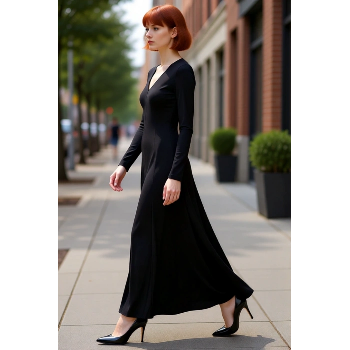 Kadın Maxi Bodycon Kalıp V Yaka Uzun Kollu Düz Desen Yırtmaç Detaylı Şık Modern Örme Elbise