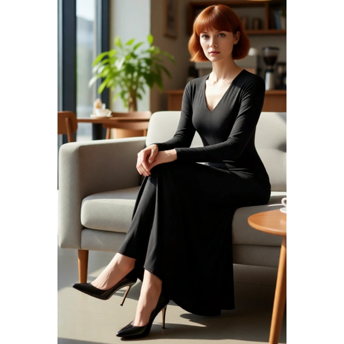 Kadın Maxi Bodycon Kalıp V Yaka Uzun Kollu Düz Desen Yırtmaç Detaylı Şık Modern Örme Elbise