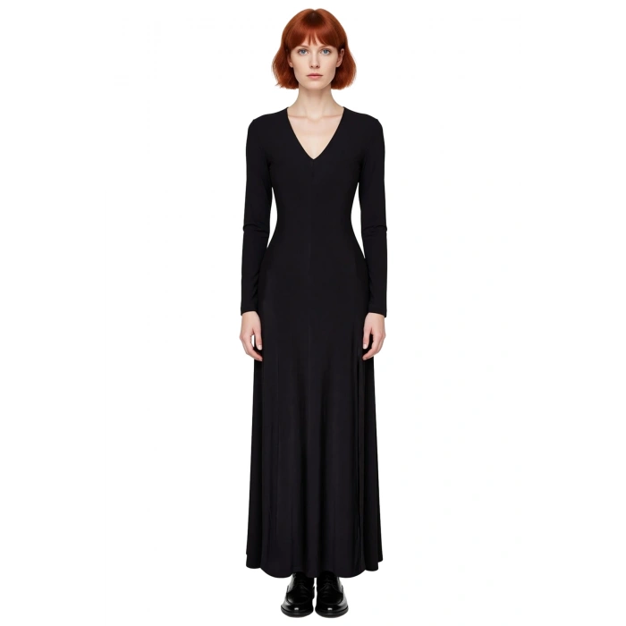 Kadın Maxi Bodycon Kalıp V Yaka Uzun Kollu Düz Desen Yırtmaç Detaylı Şık Modern Örme Elbise