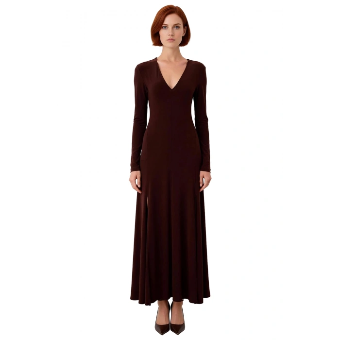 Kadın Maxi Bodycon Kalıp V Yaka Uzun Kollu Düz Desen Yırtmaç Detaylı Şık Modern Örme Elbise