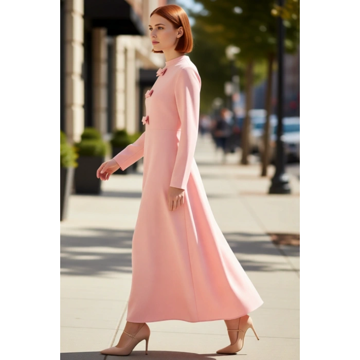 Kadın Maxi Boy Dokuma Düz Desen Kurdele Detaylı Skater Siluet Standart Kol Şık Elbise Kaliteli