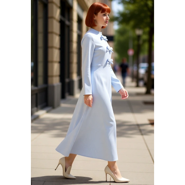 Kadın Maxi Boy Dokuma Düz Desen Kurdele Detaylı Skater Siluet Standart Kol Şık Elbise Kaliteli