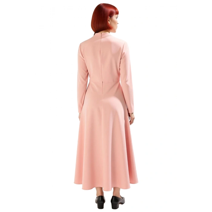 Kadın Maxi Boy Dokuma Düz Desen Kurdele Detaylı Skater Siluet Standart Kol Şık Elbise Kaliteli