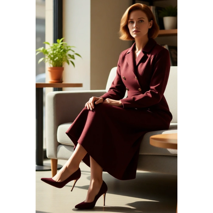 Kadın Maxi Boy Dokuma Elbise Modern Kruvaze Kesim Ceket Yaka İle Şık Görünüm Sunar Kaliteli