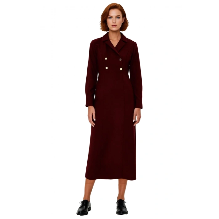 Kadın Maxi Boy Dokuma Elbise Modern Kruvaze Kesim Ceket Yaka İle Şık Görünüm Sunar Kaliteli