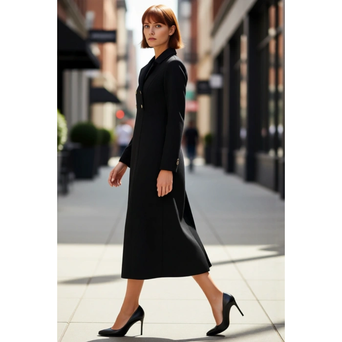 Kadın Maxi Boy Dokuma Elbise Modern Kruvaze Kesim Ceket Yaka İle Şık Görünüm Sunar Kaliteli