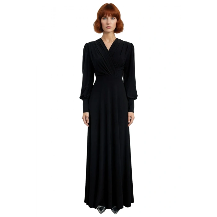 Kadın Maxi Boy Kruvaze Yaka Balon Kol Detaylı Örme Elbise Gündüz Gece Şıklığıyla Öne Çıkıyor