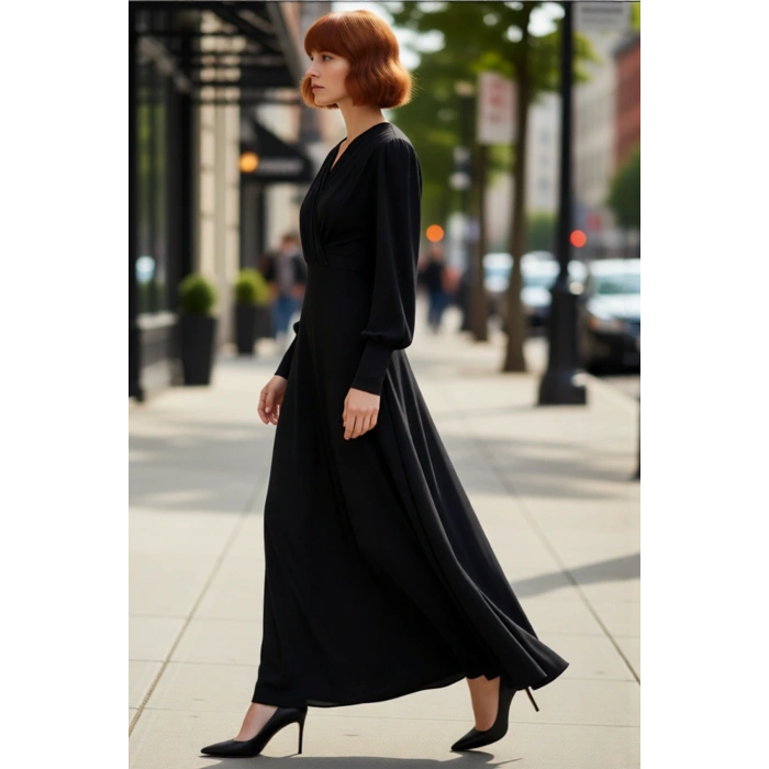 Kadın Maxi Boy Kruvaze Yaka Balon Kol Detaylı Örme Elbise Gündüz Gece Şıklığıyla Öne Çıkıyor