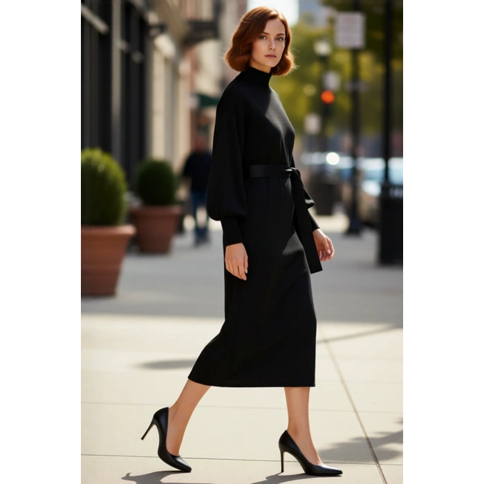 Kadın Maxi Boy Kuşaklı Düz Desen Dik Yaka Balon Kol Triko Elbise Kış Sezonu İçin Şık Ve Rahat