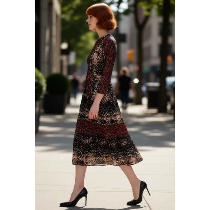 Kadın Maxi Boy Şifon Astarlı Animal Desenli Hakim Yaka Uzun Kollu Skater Elbise Kaliteli Şık