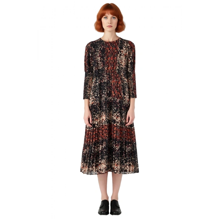 Kadın Maxi Boy Şifon Astarlı Animal Desenli Hakim Yaka Uzun Kollu Skater Elbise Kaliteli Şık