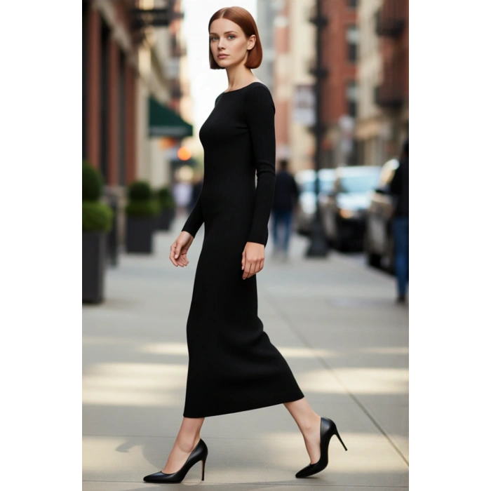 Kadın Maxi Boy Triko Merserize Görünümlü Uzun Kollu Düz Kayık Yaka Şık Rahat Elbise Sonbahar