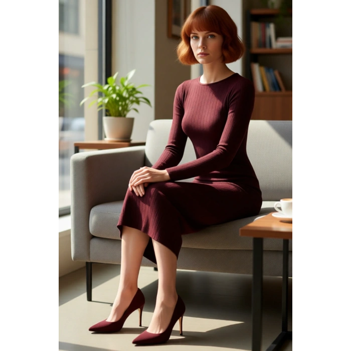 Kadın Maxi Boy Triko Merserize Görünümlü Uzun Kollu Düz Kayık Yaka Şık Rahat Elbise Sonbahar