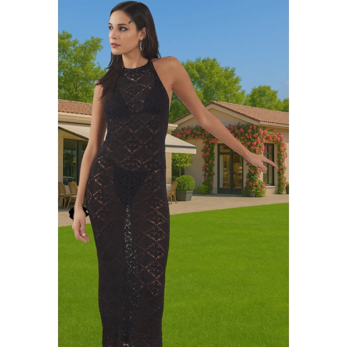 Kadın Maxi Boy Triko Plaj Elbise Halter Yaka Yazlık Şık Modern Stil Dayanıklı Malzeme