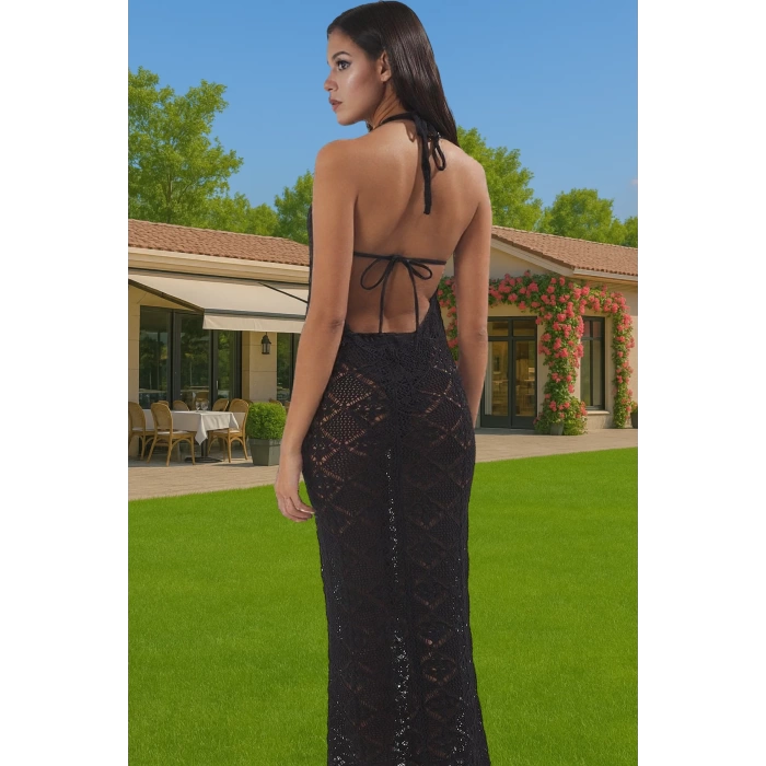 Kadın Maxi Boy Triko Plaj Elbise Halter Yaka Yazlık Şık Modern Stil Dayanıklı Malzeme