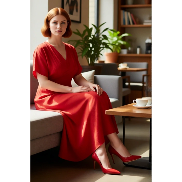 Kadın Maxi Boy V Yaka A Line Kalıp Dokuma Crinkle Dokulu Büyük Beden Elbise İlkbahar Sonbahar İçin