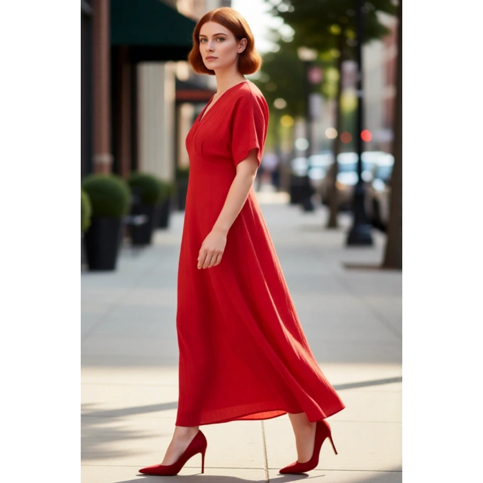 Kadın Maxi Boy V Yaka A Line Kalıp Dokuma Crinkle Dokulu Büyük Beden Elbise İlkbahar Sonbahar İçin