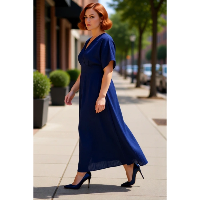 Kadın Maxi Boy V Yaka A Line Kalıp Dokuma Crinkle Dokulu Büyük Beden Elbise İlkbahar Sonbahar İçin