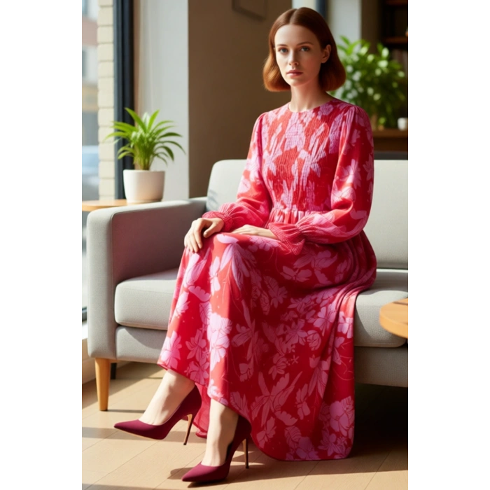 Kadın Maxi Elbise Dokuma Çiçekli Desen Büzgülü Uzun Kol Kırmızı Zarif Bisiklet Yaka Modern Stil