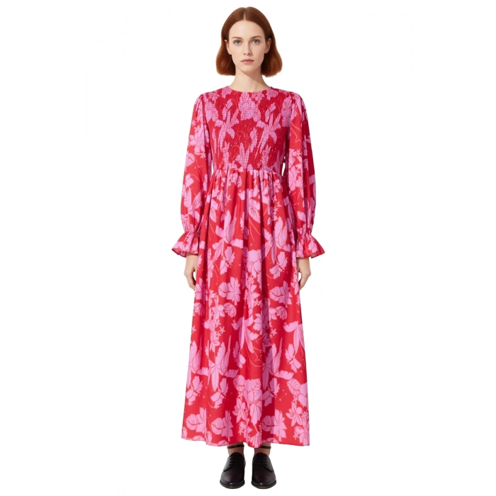 Kadın Maxi Elbise Dokuma Çiçekli Desen Büzgülü Uzun Kol Kırmızı Zarif Bisiklet Yaka Modern Stil