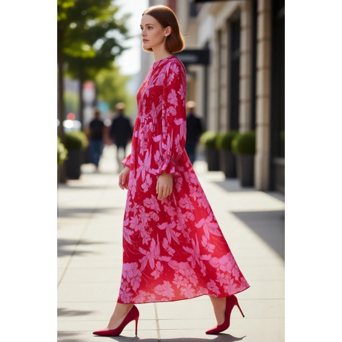 Kadın Maxi Elbise Dokuma Çiçekli Desen Büzgülü Uzun Kol Kırmızı Zarif Bisiklet Yaka Modern Stil