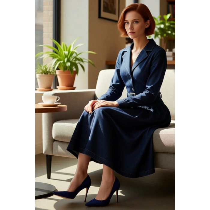 Kadın Maxi Kemerli Ceket Yaka Uzun Kollu %100 Pamuk Denim Shift Elbise Basic Siluet Kaliteli