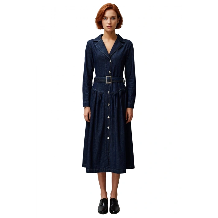 Kadın Maxi Kemerli Ceket Yaka Uzun Kollu %100 Pamuk Denim Shift Elbise Basic Siluet Kaliteli