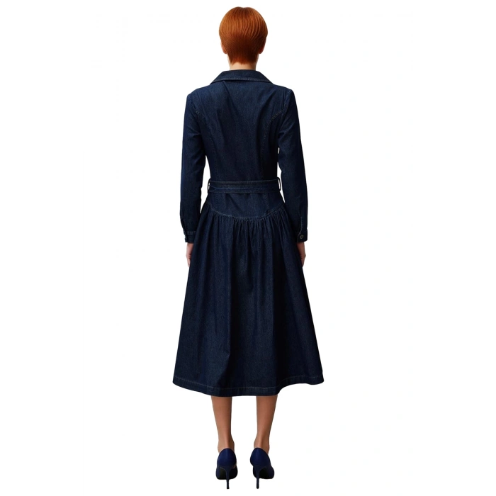 Kadın Maxi Kemerli Ceket Yaka Uzun Kollu %100 Pamuk Denim Shift Elbise Basic Siluet Kaliteli