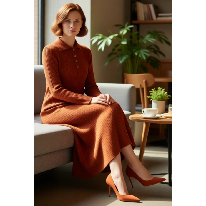 Kadın Maxi Triko Elbise Polo Yaka Uzun Kollu Yarım Patlı A Line Ribana Düz Desen Şık Günlük Kış İçin