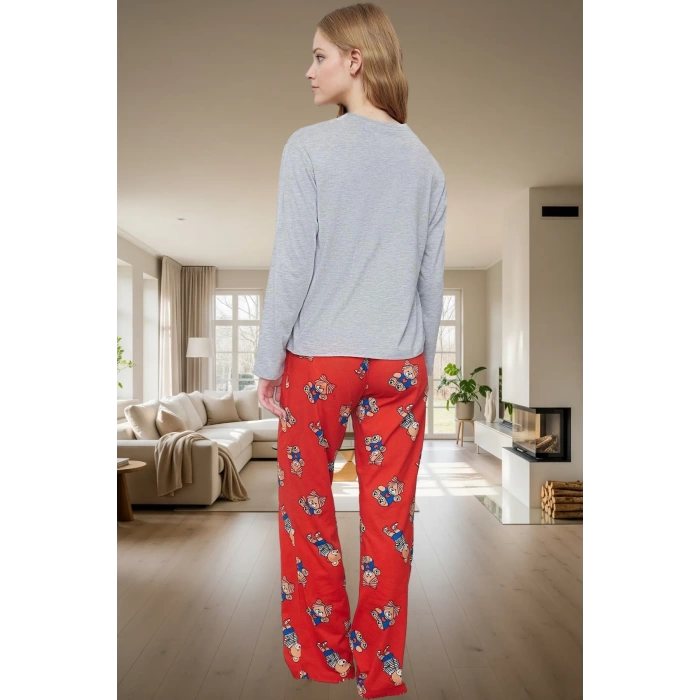 Kadın Melanj Ayıcıklı Pijama Takımı Kışlık Rahat Ev Giyim Seti Şık Görünüm Dayanıklı Malzeme