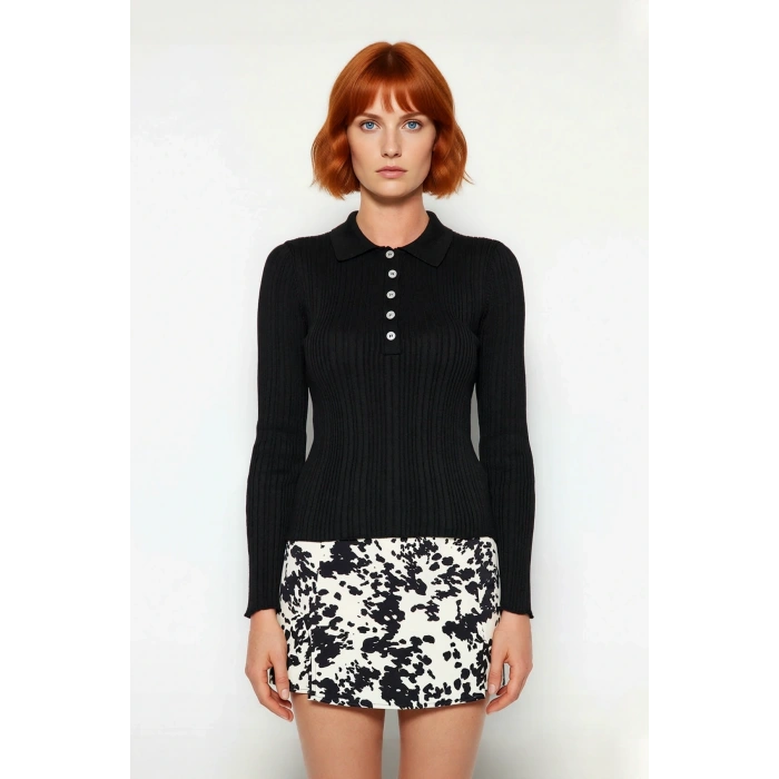 Kadın Merserize Görünümlü İnce Yapılı Uzun Kollu Polo Yaka Triko Kazak Şık ve Rahat Kaliteli