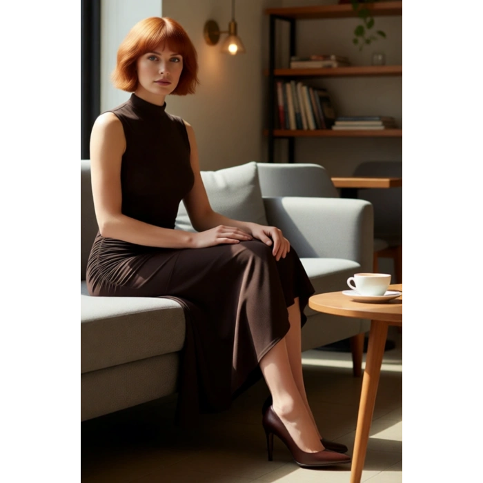 Kadın Midi Boy Abiye Elbise Skater Kalıp Dik Yaka Kolsuz Düz Desen Şık ve Zarif Görünüm Sunar