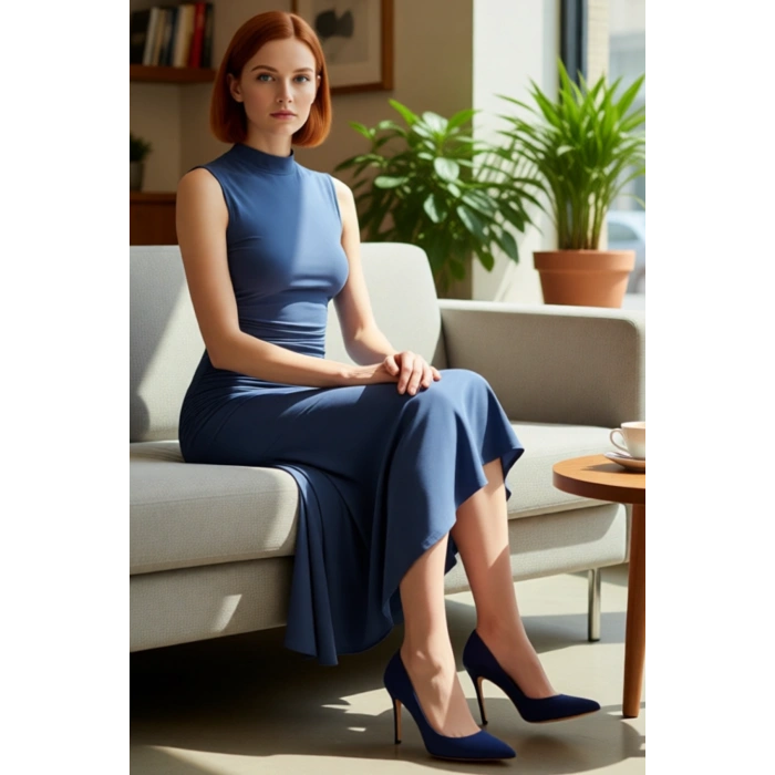 Kadın Midi Boy Abiye Elbise Skater Kalıp Dik Yaka Kolsuz Düz Desen Şık ve Zarif Görünüm Sunar