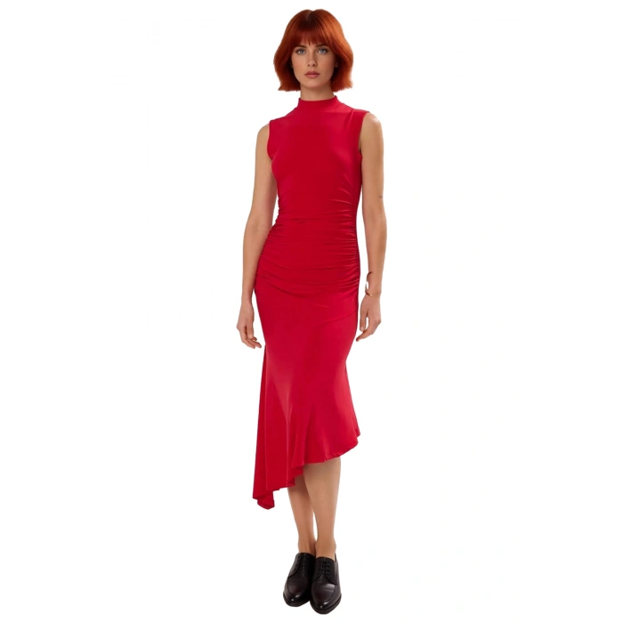 Kadın Midi Boy Abiye Elbise Skater Kalıp Dik Yaka Kolsuz Düz Desen Şık ve Zarif Görünüm Sunar