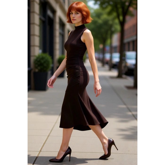 Kadın Midi Boy Abiye Elbise Skater Kalıp Dik Yaka Kolsuz Düz Desen Şık ve Zarif Görünüm Sunar