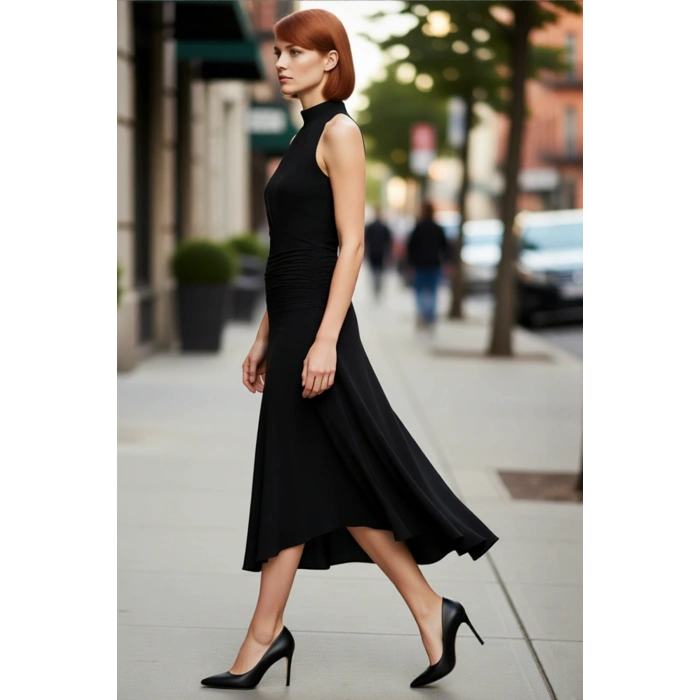 Kadın Midi Boy Abiye Elbise Skater Kalıp Dik Yaka Kolsuz Düz Desen Şık ve Zarif Görünüm Sunar